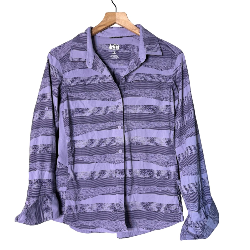 REI Co-op Sahara Purple Striped Roll Tab Hiking Shirt Womens Small Button Up